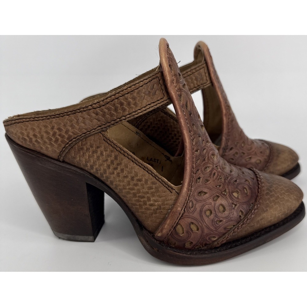 Corral Mule Heels Women 6M Brown Tooled Leather Western Slip On - Picture 4 of 12